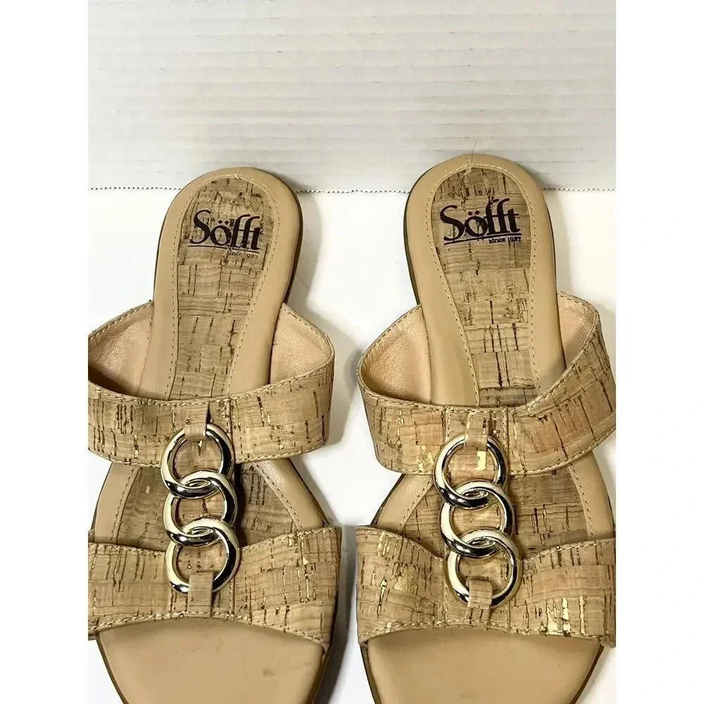 Sofft Slip On Sandals Womens 6.5 M Slide‎ Camel Brown Open Toe Gold Accents